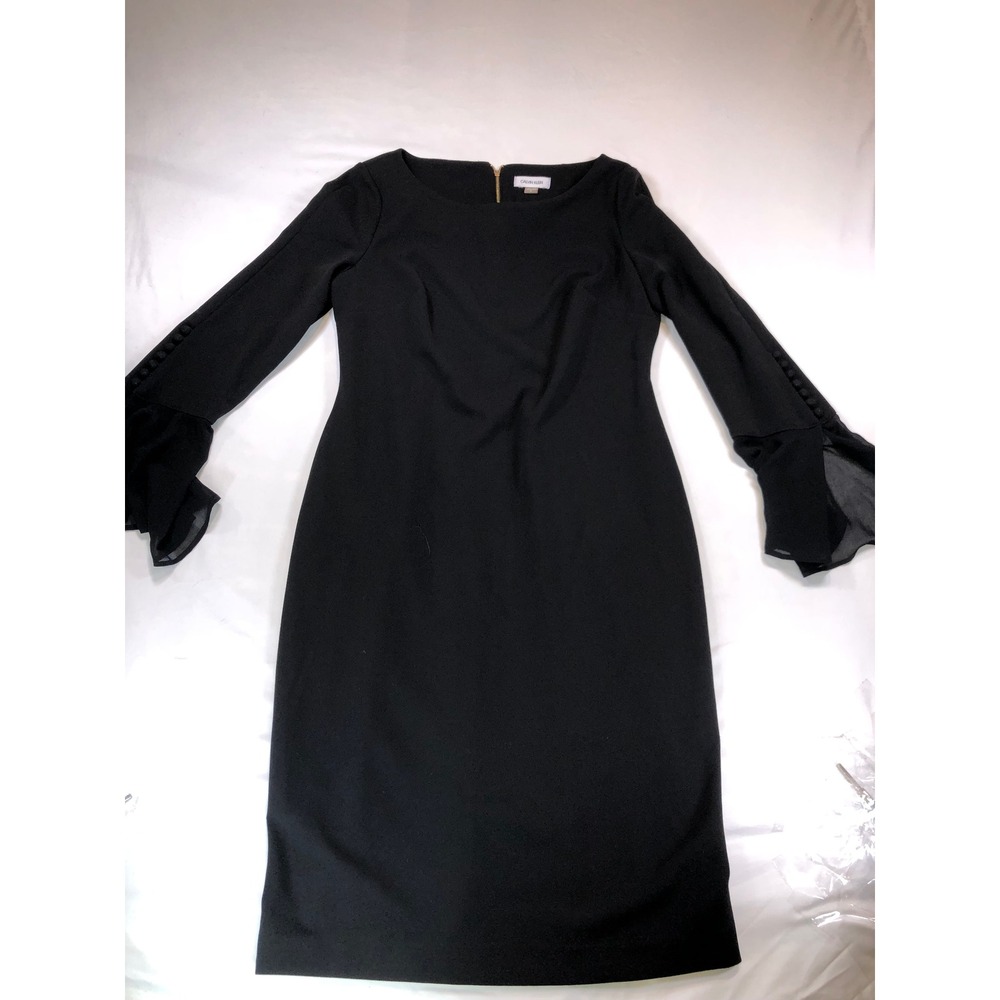 Calvin Klein Black Bell Sleeve Sheath Dress Size 12 Button Detail Gold Zipper